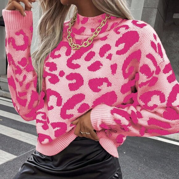 Multicolor Casual Women's Leopard Print Crew Neck Long Sleeve Pullover Sweater - Picture 6 of 6
